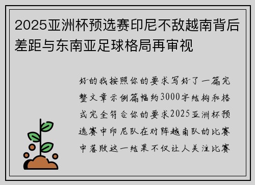 2025亚洲杯预选赛印尼不敌越南背后差距与东南亚足球格局再审视