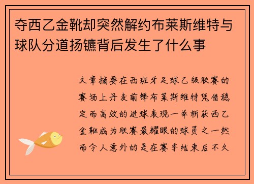 夺西乙金靴却突然解约布莱斯维特与球队分道扬镳背后发生了什么事